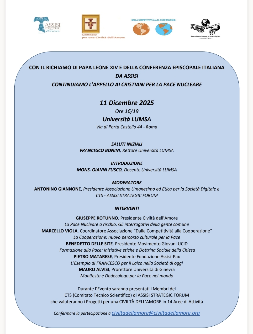 Al momento stai visualizzando 11 dicembre 2025, dalle 16 alle 19,00 importante incontro all’università LUMSA di Roma